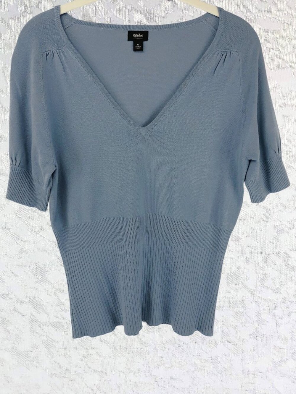 Mossimo Blue V-Neck Short Sleeve Knit Sweater Soft Rayon Blend Stretch Top Sz XL